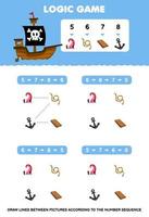 Education game for children draw lines according to the number sequences of cartoon tentacle rope anchor wood board picture printable pirate worksheet vector