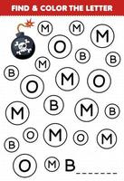 Education game for children find and color letter B for bomb printable pirate worksheet vector