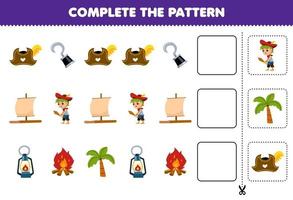 Education game for children complete the pattern of cute cartoon hat hook raft boy lantern bonfire tree printable pirate worksheet vector