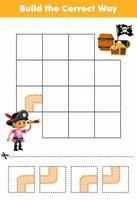 Education game for children build the correct way help cute cartoon boy move to barrel and treasure chest printable pirate worksheet vector