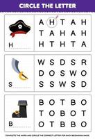 Education game for children circle the beginning letter from cute cartoon hat sword and boot printable pirate worksheet vector