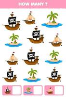 Education game for children searching and counting how many objects of cute cartoon ship and island printable pirate worksheet vector