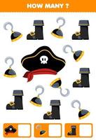 educación juego para niños buscando y contando cómo muchos objetos de linda dibujos animados sombrero gancho y bota imprimible pirata hoja de cálculo vector