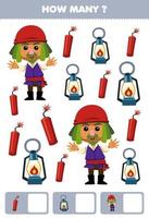 Education game for children searching and counting how many objects of cute cartoon dynamite lantern and man printable pirate worksheet vector