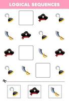 Education game for children logical sequences for kids with cute cartoon hook hat and sword printable pirate worksheet vector