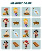 Education game for children memory to find similar pictures of cute cartoon mermaid wooden ship boat bottle printable pirate worksheet vector