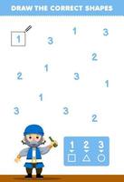 Education game for children help cute cartoon old man draw the correct shapes according to the number printable pirate worksheet vector