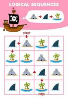 Education game for children logical sequence help wooden ship sort cave and island from start to finish printable pirate worksheet vector