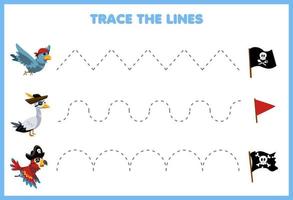 Education game for children handwriting practice trace the lines with cute cartoon bird with pirate outfit move to flag pirate worksheet vector