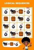 Education game for children logical sequence help boy sort cannon barrel and bomb from start to finish printable pirate worksheet vector