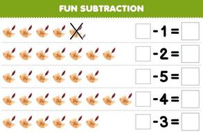 Education game for children fun subtraction by counting cute cartoon treasure map in each row and eliminating it printable pirate worksheet vector