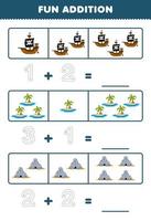 Education game for children fun addition by counting and tracing the number of cute cartoon ship island and cave printable pirate worksheet vector