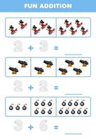 Education game for children fun addition by counting and tracing the number of cute cartoon parrot cannon and bomb printable pirate worksheet vector