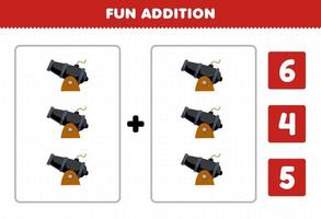 educación juego para niños divertido adición por contar y escoger el correcto responder de linda dibujos animados cañón imprimible pirata hoja de cálculo vector