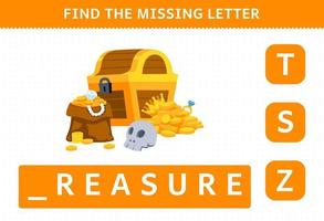 Education game for children find missing letter of cute cartoon treasure printable pirate worksheet vector