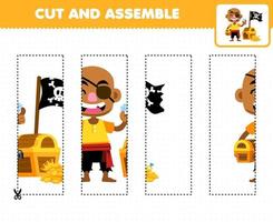 Education game for children cutting practice and assemble puzzle of cute cartoon bald man with treasure printable pirate worksheet vector