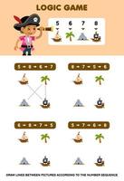 Education game for children draw lines according to the number sequences of cartoon ship tree cave picture printable pirate worksheet vector