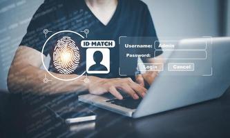 huella dactilar táctil con global virtual con seguridad cibernética, inicio de sesión, usuario, seguridad y encriptación de la información de identificación, acceso seguro a la información personal de los usuarios, acceso seguro a Internet, foto