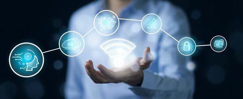 Businessman hold Wifi with Artificial Intelligence AI,on big data network machine learning and data on the dark background, artificial intelligence technology, innovation and futuristic. photo