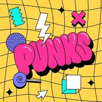 Punks - 90s style cool square banner or card. Vector illustration with 00s geometric symbols in checkered distorted background.