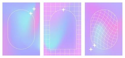 Modern fluid gradient posters with linear forms and sparkles. Trendy minimalist brutalism aesthetic print with line arch frames, stars and blurred holographic background vector poster template set.