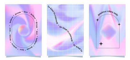 Trendy y2k blurred holographic style a4 posters set with linear geometric shapes and gradient background. Modern minimalist print with simple figures and graphic elements. vector banner template