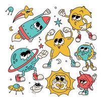 Retro groovy space characters with smiling faces set. Earth, planet, sun, star, rocket and saturn mascots for cosmic prints. Vintage 70s graphic galaxy. Trendy y2k style linear vector collection.