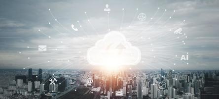 Data storage technology concepts. Clouds and cloud icons that are currently downloading and uploading data, networking and digital, Share global and technology, photo