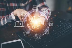 Brain AI with icon business concept,Business using laptop and virtual globe with financial icons future technology, business goals, online communication, graph Screen Icon of media screen, big data photo