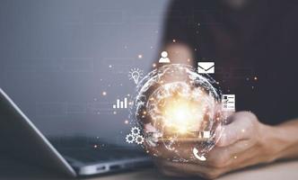 virtual Global Internet connection metaverse concept, Businessman using mobile smartphone, global internet connection application technology and digital marketing, Financial and banking,tech big data. photo