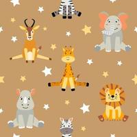 sin costura modelo con linda salvaje animales para niños. africano adorable animales en un plano estilo. león, cebra, rinoceronte, elefante, antílope y jirafa.web, envase papel, textil, antecedentes. dibujos animados. vector