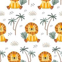 Seamless pattern with cute lion, palm trees and rainbow. African charming animal and plant in a flat style. Suitable for the design of children's textiles, wrapping paper, background. Cartoon vector. vector