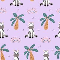 Seamless pattern with a cute zebra, palm trees, and rainbow. African charming animal and plant in a flat style. Suitable for the design of children's textiles, wrapping paper, background. Cartoon. vector