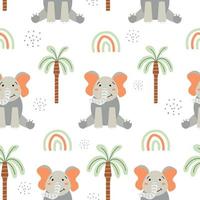 Seamless pattern with cute elephant and palm trees. African charming animal and plant in a flat style.Children's textiles,wrapping paper, background. Cartoon vector elephant in Scandinavian style.