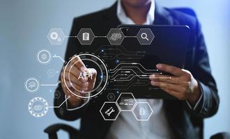 API Application Programming Interface, woman using laptop, tablet and smartphone with virtual screen API icon Software development tool, modern technology photo