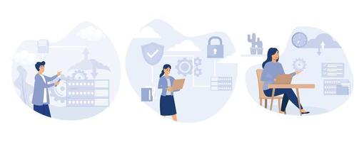 Database security concept, Cloud storage, secure file sharing, automatic backup, file hosting, data recovery and synchronization, external drive,  set flat vector modern illustration