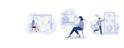 Remote payroll concept,  Freelancer filling invoice, distance job payroll, money transfer online, remote work payment, get salary on bank account, set flat vector modern illustration