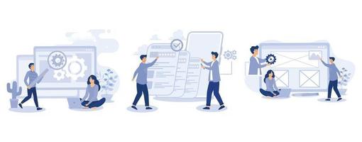 UX design abstract concept,  User research, wireframe, prototyping, design project, online survey, reports and analytics, web page layout, website navigation, set flat vector modern illustration