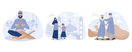 Ramadán Kareem, musulmán personas abrazo cada otro, preguntando perdón durante hari raya aidilfitri, conjunto plano vector moderno ilustración