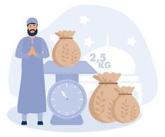 Illustration of Muslim paying zakat, Ramadan month activities with pay zakat before Eid Mubarak, flat vector modern illustration