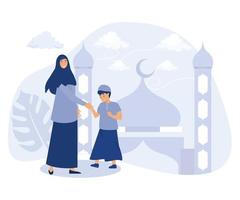 Daughter and mother asking forgiveness during Hari Raya Aidilfitri Celebration, flat vector modern illustration