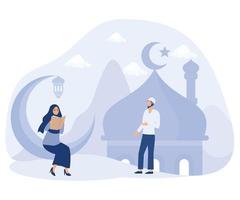 musulmán actividad en Ramadán mes, con mezquita y Asia Arábica cultura fondo, plano vector moderno ilustración