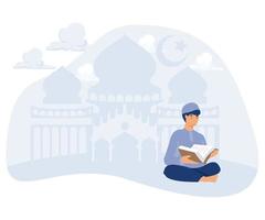 Muslim man reading Quran against night background with crescent moon, stars and mosque silhouette, Laylat al-Qadr, flat vector modern illustration