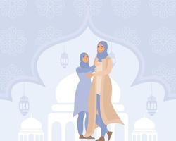 dos mujer abrazando en eid Alabama fitr, ocupaciones en eid al fitr, plano vector moderno ilustración