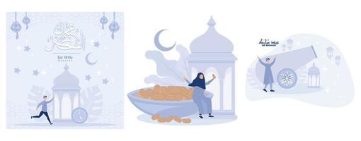 Muslim are happy when breaking the fast of Ramadan, A Muslim is happy to welcome the month of Ramadan, set flat vector modern illustration