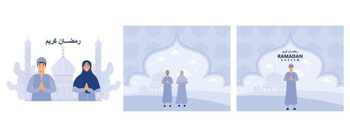 islamic people greeting happy ramadhan kareem, illustration with turqoise color and islamic decoration background, set flat vector modern illustration
