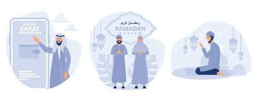 Online zakat application, Ramadan kareem greeting card, set flat vector modern illustration