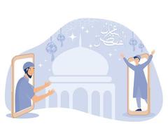 Arabic Islamic Calligraphic text Eid Mubarak, Muslim Boys  wishing each other on call. Eid Mubarak concept,  flat vector modern illustration