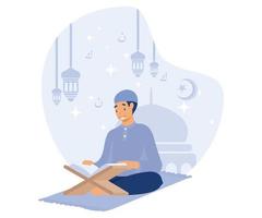 man is reading Al Quran on night Ramadan day, ramadan kareem , flat vector modern illustration