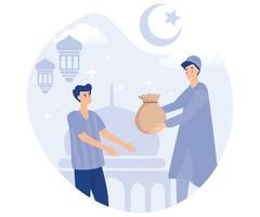 a man giving sadaqa ,  ramadhan kareem activity with mosque and hanging lantern background, flat vector modern illustration